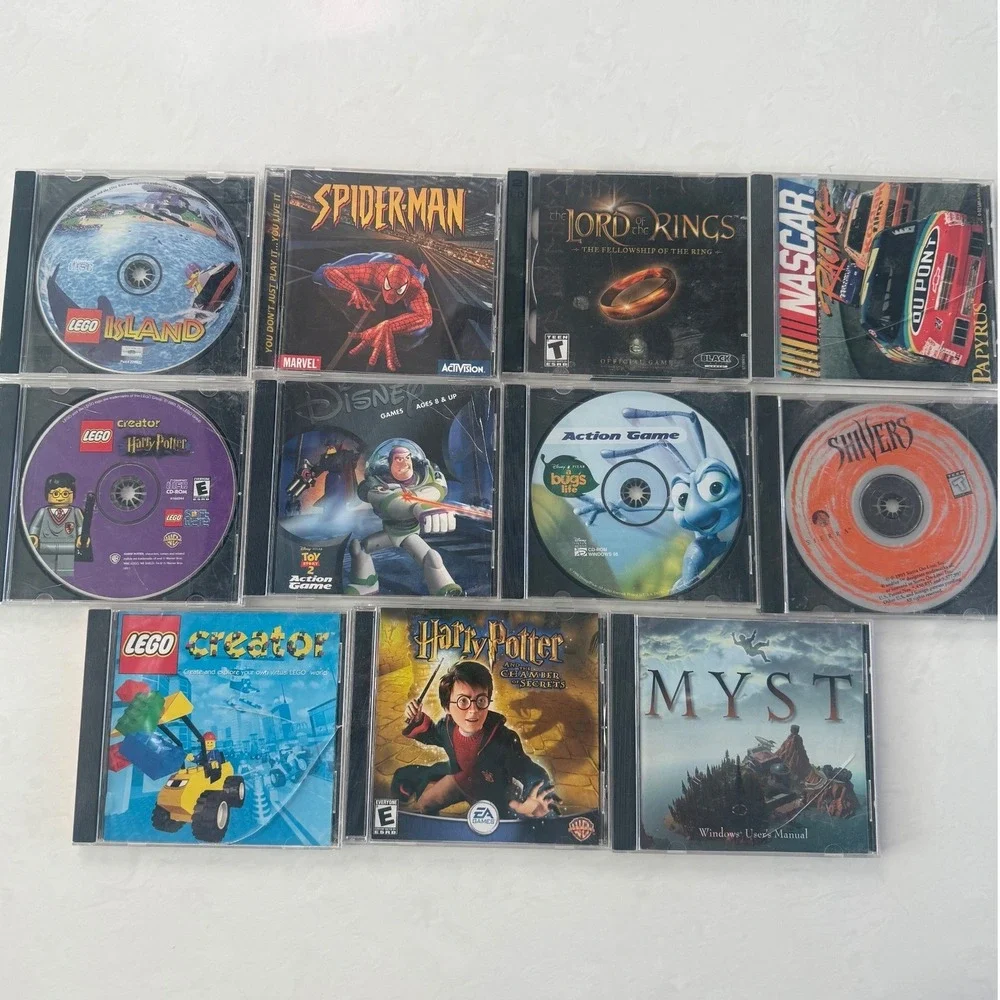 Vintage PC CD ROM Game Lot LEGO Harry Potter Spiderman Myst LOTR NASCAR Untested